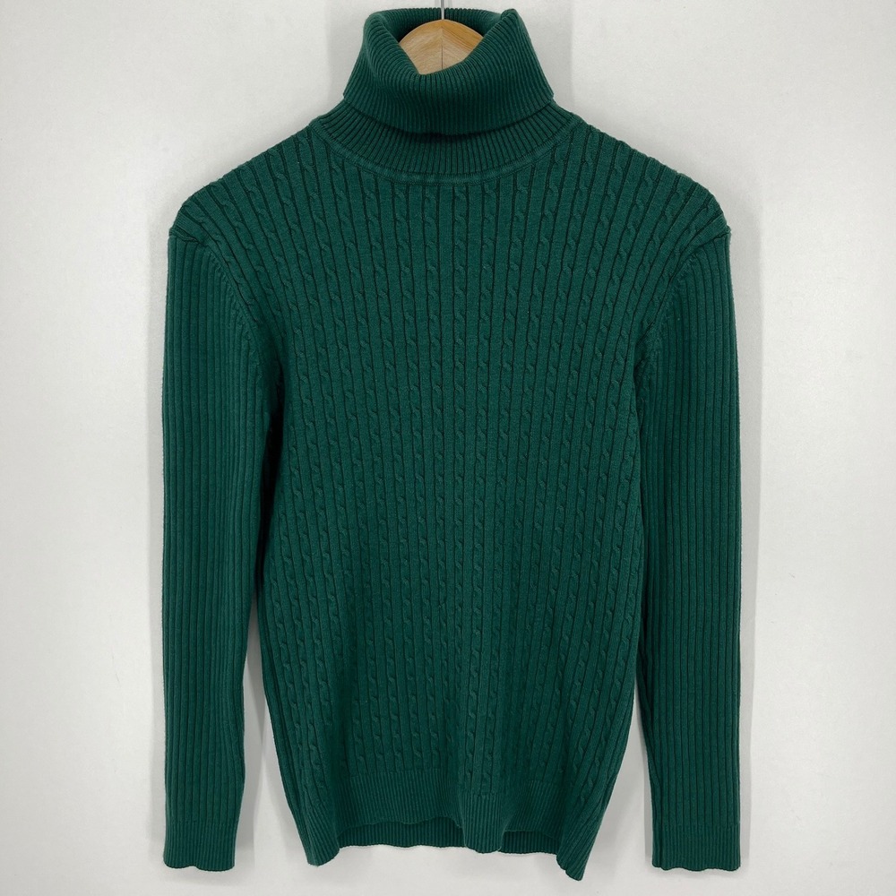Nine‎ Bull Womens Forest Green Cable Knit Turtleneck Sweater Size M Ribbed Trim